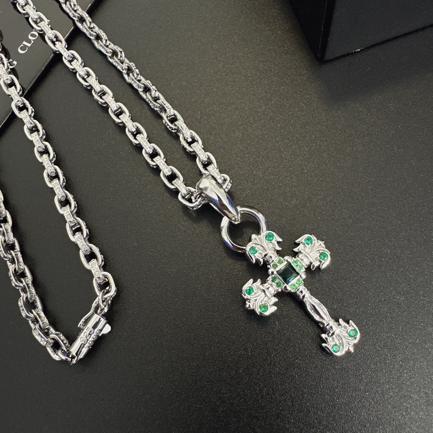 Chrome Hearts Silver Cross Pendant with Emerald Accents